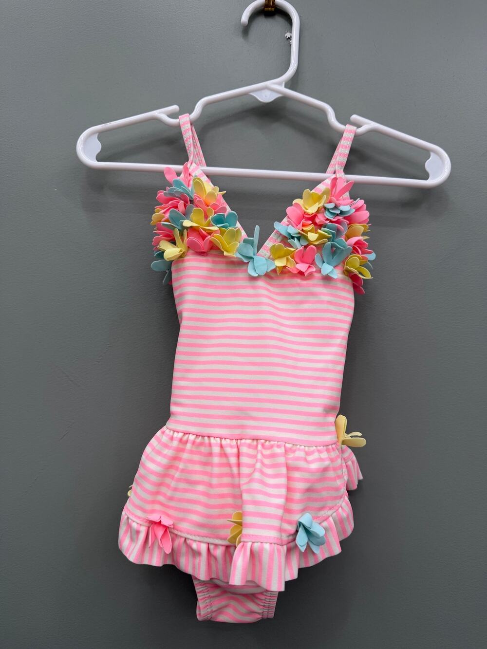 Little Me Baby Girls 18M Pink Stripe 3D Floral Ruffle One Piece Swimsuit